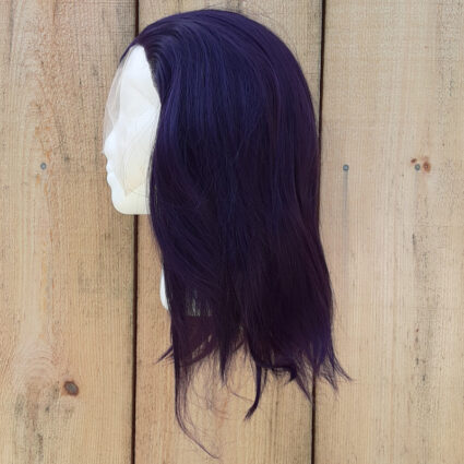 Raven cosplay wig side view in outdoor lighting