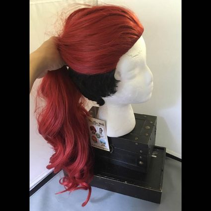Aubrey cosplay wig side view pulled into ponytail