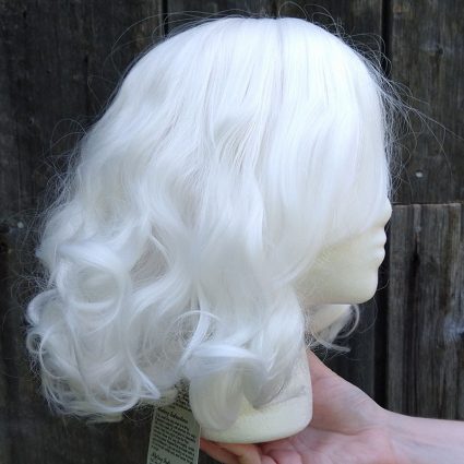 fluffy white cosplay wig side view